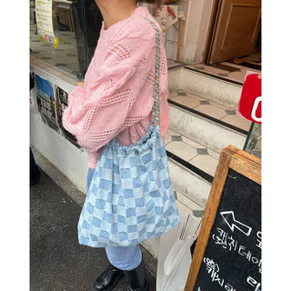 Checked denim chain bag