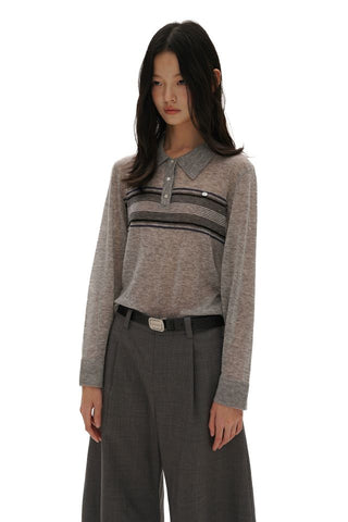 [moromoro2] Striped Polo Knit Top
