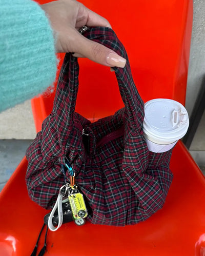 Tartan check one-shoulder hobo bag