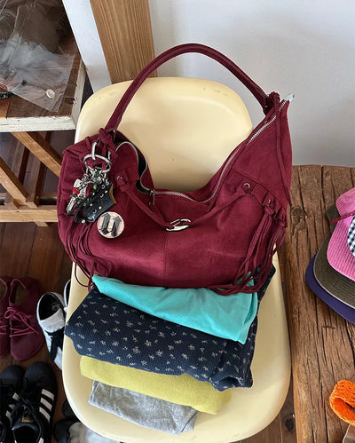 Frilled fringe suede hobo bag