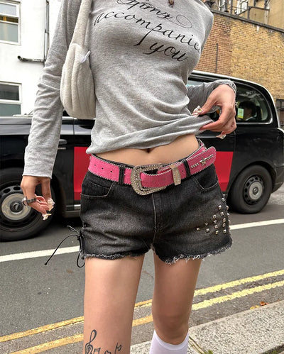 Star-studded cubic buckle crocodile belt