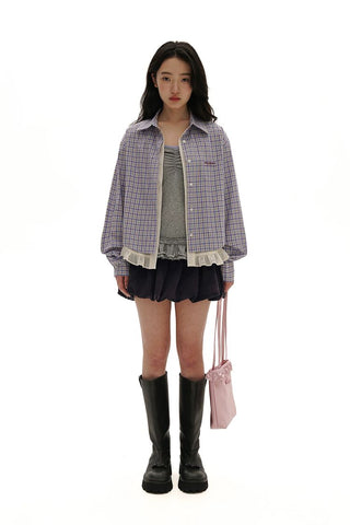 [Moromoro2] Layered Lace Hem Plaid Embroidered  Shirt