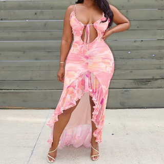 Ruched ruffle self tie slit print cami midi dress