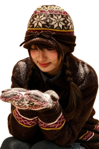 [Moromoro2] Fair Isle Knit Mittens with  Strap
