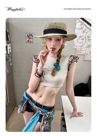 [NECY] Floral Leopard Flutter Crop Top