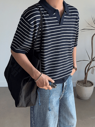 Labo Stripe Open Collar Half Knit
