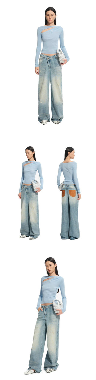 [NOTAWEAR] Washed Leather Pocket Low Rise Wide  Jeans