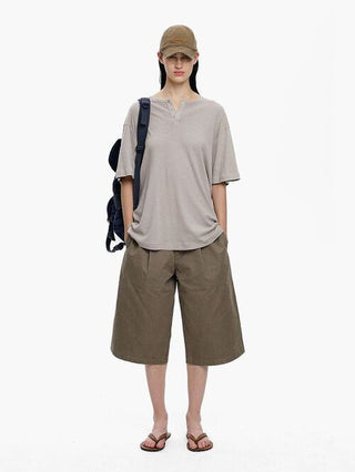 [MASONPRINCE] Henley Neck Short-Sleeve T-Shirt