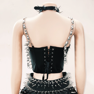 Rivet PU leather skull applique lace up cami top