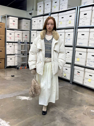 [NEVERSEEZ] Spliced Detachable Fur Collar Down Jacket