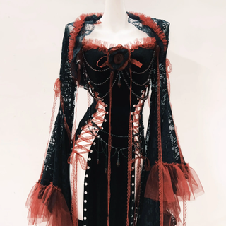 Long sleeve flower applique lace up shrug slit maxi dress