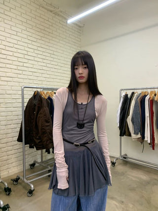 [NeverSeez] Mesh Layered Pleated Vest Dress