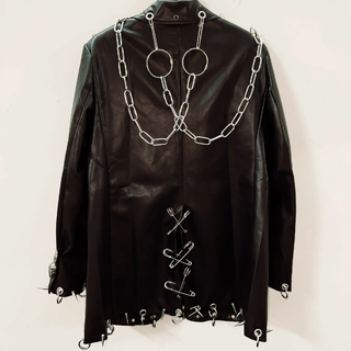 Long sleeve PU leather metal chain skull applique top