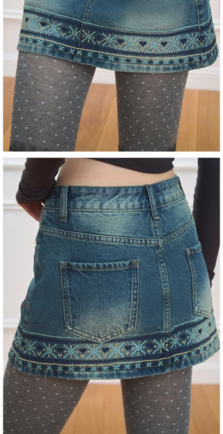 [NECY] Fair Isle Denim Mini Skirt
