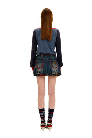 [Moromoro2] Contrast Stripe Rhinestone Long Sleeve  Tee