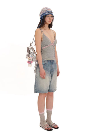 [Moromoro2] Rhinestone Bow Embroidered  Denim