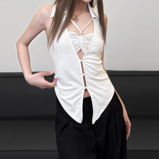 Turnover collar halter lace hem o ring top