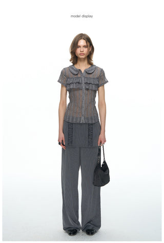 [NECY] Purple Grey Ruffle Plaid Shirt