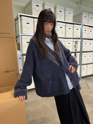 [NeverSeez] Two-Tone Jacquard Knit Cardigan