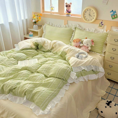Green and Cream Ruffle Bedding Set