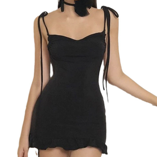Cowl neck backless ruffle self tie cami mini dress