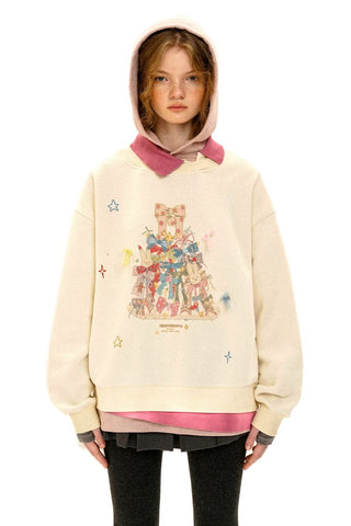 [Moromoro2] Bow Print Layered Hooded  Sweatshirt