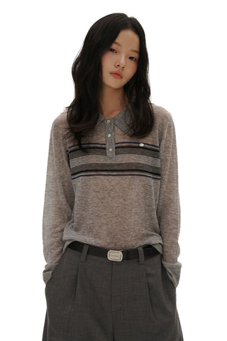 [moromoro2] Striped Polo Knit Top
