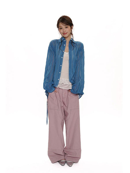 [Moromoro2] Sheer Plaid Mesh Tie-Back Shirt