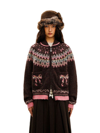 [Moromoro2] Fair Isle Bow Pocket Retro Collar  Cardigan