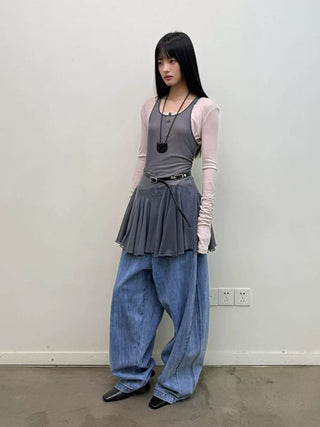 [NeverSeez] Mesh Layered Pleated Vest Dress
