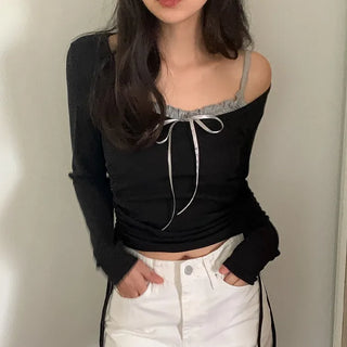 [SET] Shirred Ribbon Sleeveless T-Shirt Layered Set
