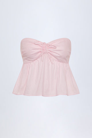 Tie-Front Strapless Cotton-Poplin Crop Top in Pink White Stripe