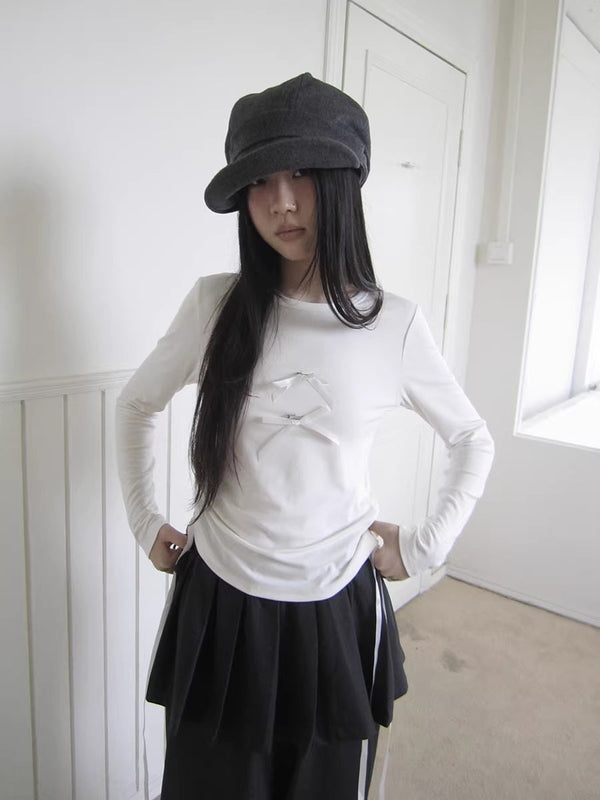 3D Cut Slim Fit Korean Bow Long Sleeve Women Crewneck White Gray T-Shirt