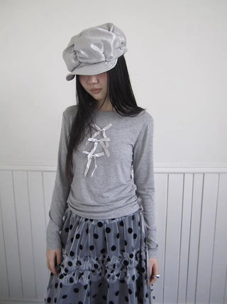 3D Cut Slim Fit Korean Bow Long Sleeve Women Crewneck White Gray T-Shirt