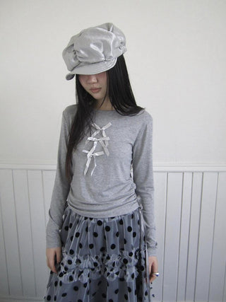3D Cut Slim Fit Korean Bow Long Sleeve Women Crewneck White Gray T-Shirt