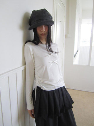 3D Cut Slim Fit Korean Bow Long Sleeve Women Crewneck White Gray T-Shirt