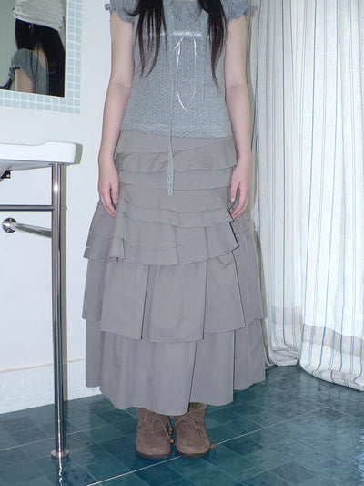 Asymmetric Pleated Korean High Waist Light Gray Tiered Women Maxi Skirt