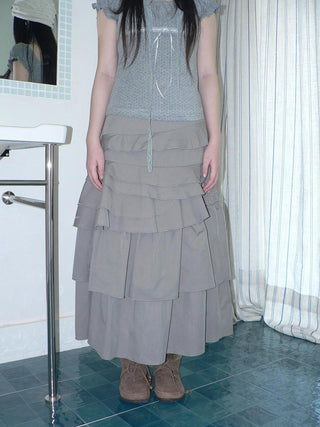 Asymmetric Pleated Korean High Waist Light Gray Tiered Women Maxi Skirt