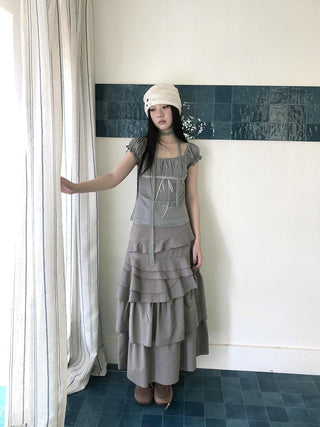 Asymmetric Pleated Korean High Waist Light Gray Tiered Women Maxi Skirt