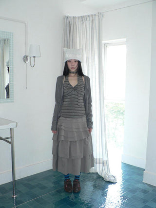 Asymmetric Pleated Korean High Waist Light Gray Tiered Women Maxi Skirt