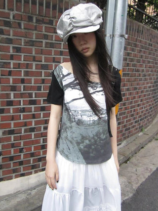 Asymmetric Shoulder Color Block Print Tee