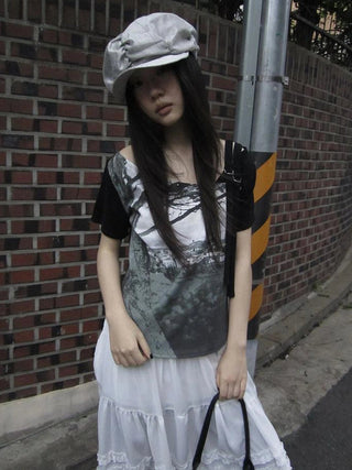 Asymmetric Shoulder Color Block Print Tee
