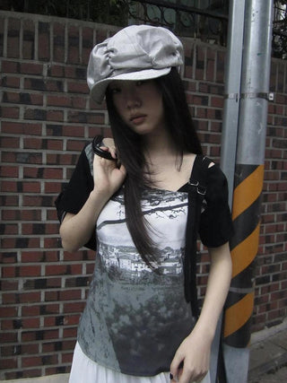 Asymmetric Shoulder Color Block Print Tee