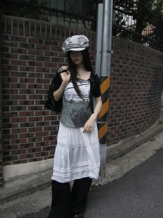 Asymmetric Shoulder Color Block Print Tee