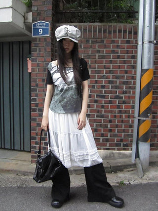 Asymmetric Shoulder Color Block Print Tee