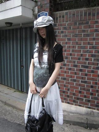 Asymmetric Shoulder Color Block Print Tee