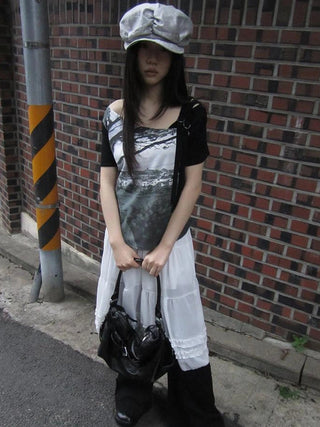 Asymmetric Shoulder Color Block Print Tee