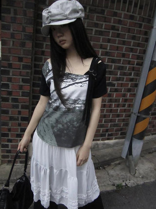 Asymmetric Shoulder Color Block Print Tee