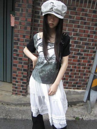 Asymmetric Shoulder Color Block Print Tee