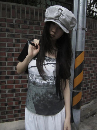 Asymmetric Shoulder Color Block Print Tee